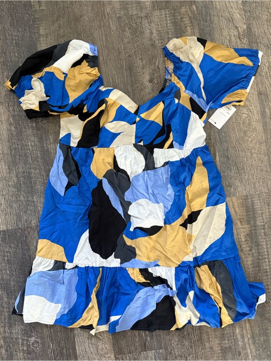 Nine West Dresses & Skirts - Nine West Blue Black Gold White Abstract Puff-Sleeve Dress